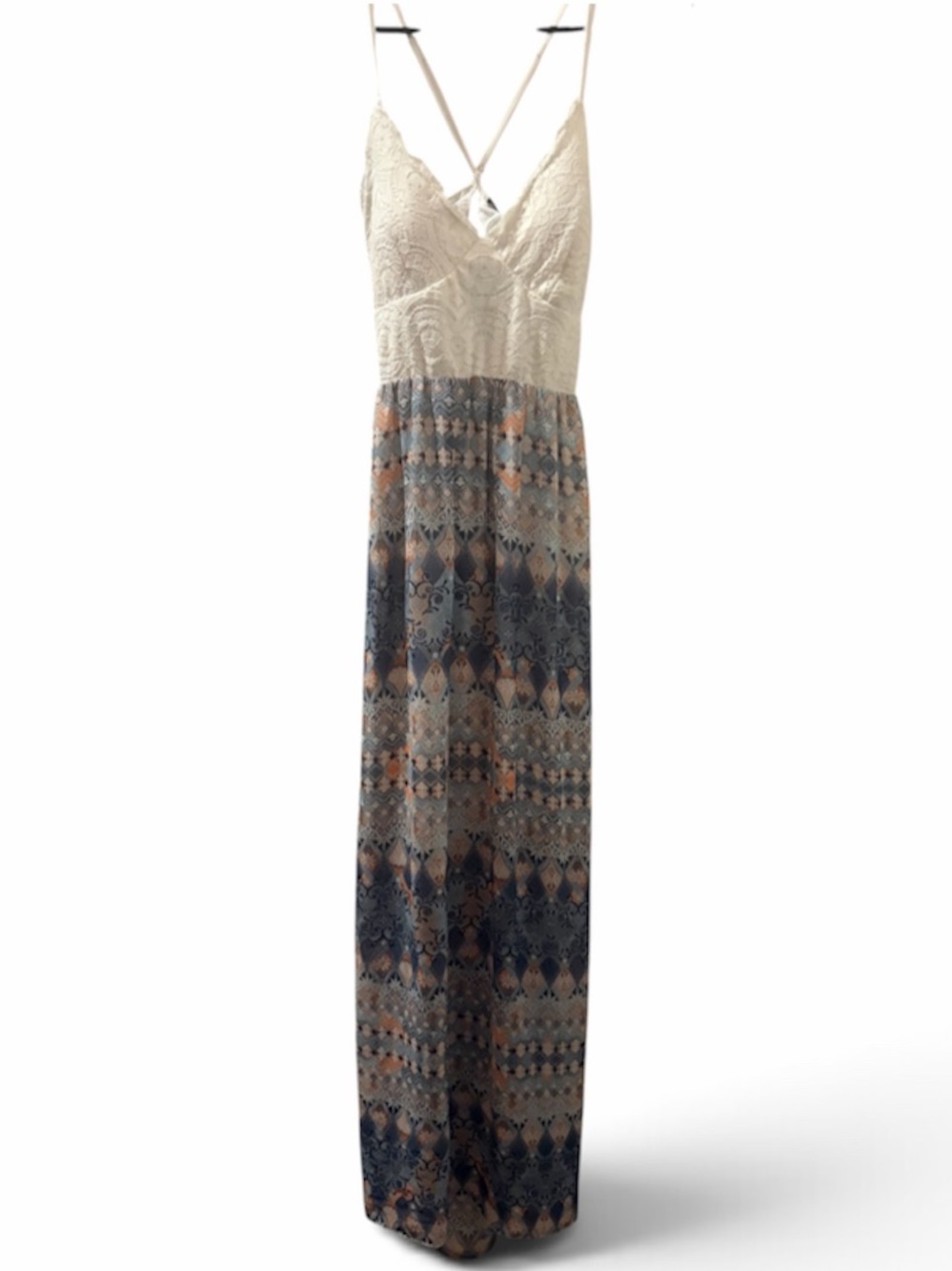 Bohemian Lace-Top Maxi Dress in White and Navy